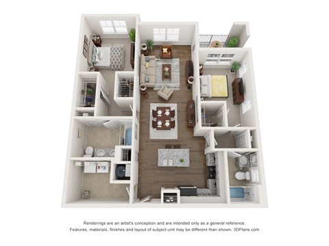 a 3d floor plan of a 1 bedroom apartment
